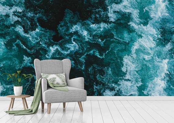 Ocean Wall Mural: Hand Drawn Abstract Design (Custom Size, Peel & Stick)