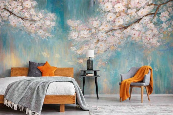 Custom Size Wallpaper - Oil Painting Cherry Blossom Wallpaper - Peel and Stick Wall Decal - Self Adhesive or Pre-Pasted-Removable Wallpaper