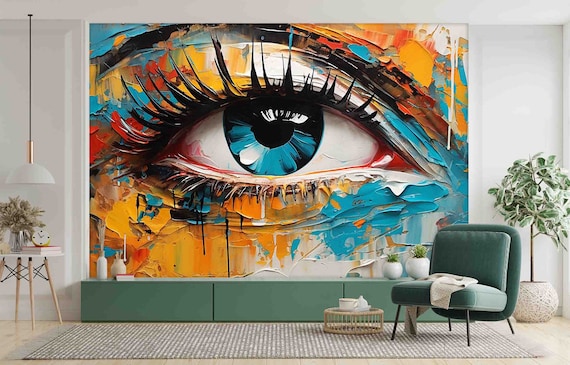 Custom Wallpaper Mural: Watercolor Flowers and Eyes - Peel & Stick