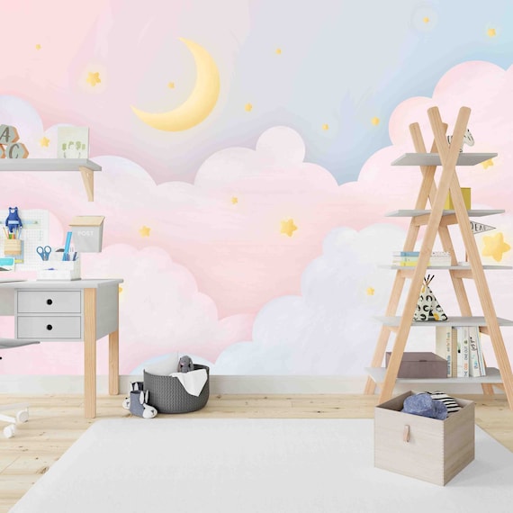 Custom Size Wallpaper - Hand-painted Pink Starry Clouds Wallpaper - Peel and Stick Wall Decal - Self Adhesive or Pre-Pasted