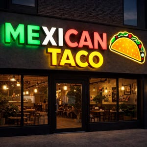May include: Exterior view of a Mexican restaurant at night. The sign reads "MEXICAN TACO" in bright neon colors. A large illuminated taco graphic is to the right of the text. The restaurant's interior is visible through the windows.