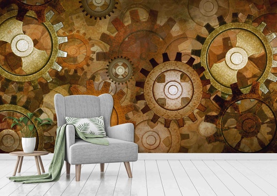 Custom Size Wallpaper - Large Steam Punk Golden Wheels Wallpaper - Peel and Stick Wall Decal - Self Adhesive or Pre-Pasted