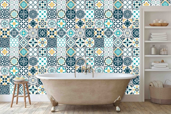 Custom Size Wallpaper - Geometrical and Floral Tile Wallpaper - Peel and Stick Wall Decal - Self Adhesive or Pre-Pasted