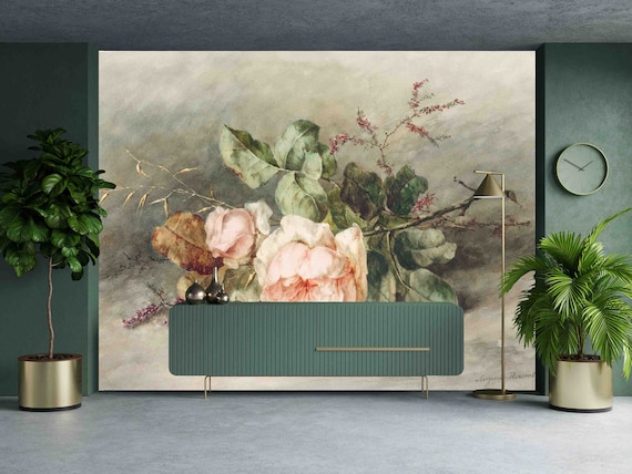 Watercolor Rose Wallpaper, Floral Peel and Stick (Custom Size, Removable)