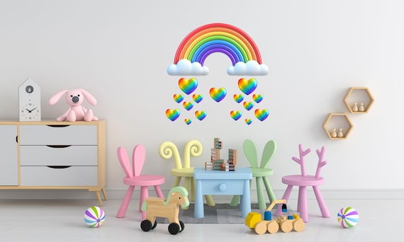 3D Rainbow and Heart Wall Decal - Removable Vinyl Sticker - Mural Art - Decor for Girls and Kids Bedroom Stickers for Baby and Nursery Room