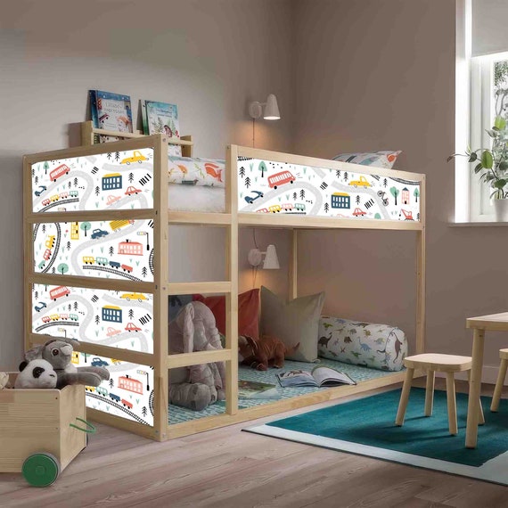 Cars Trains Kura Bed Decal for Kids Room-Furniture Decals-Adhesive Stickers for IKEA Kura-Wrap for Kura bed-Kura Bed Decals (No Steps) Bed