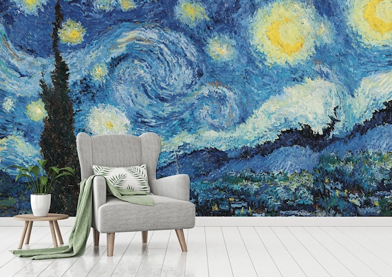Custom Size Wallpaper - Watercolor Abstract VanGogh Starry Night Wallpaper - Peel and Stick Wall Decal - Self Adhesive or Pre-Pasted