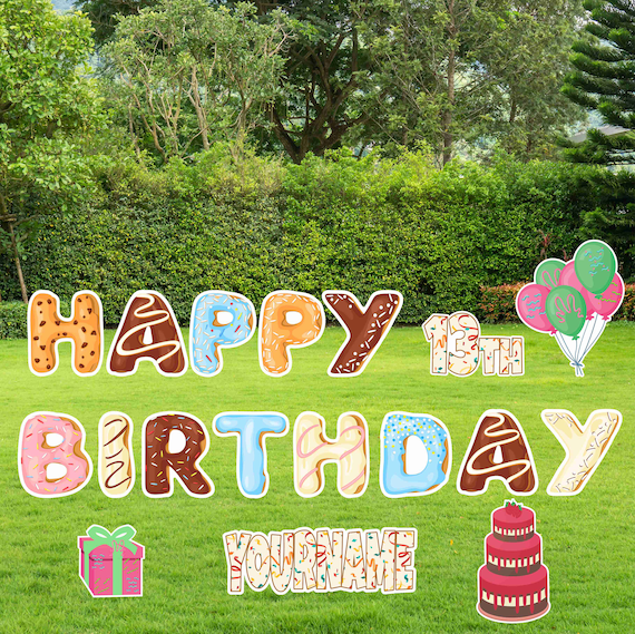 Personalized Donut Birthday Yard Signs, 18 Inch Happy Birthday Lawn Signs, Outdoor Lawn Decorations, Ornaments, Custom Name & Age