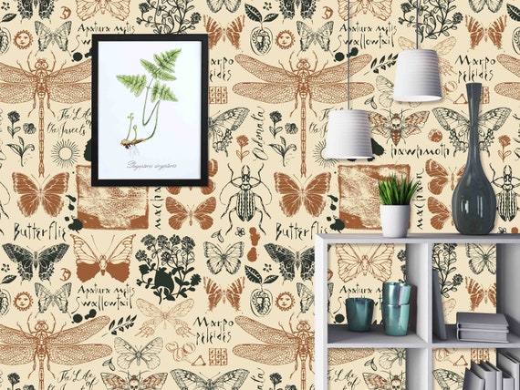 Butterfly Wallpaper Mural: Vintage Leaves Design - Peel & Stick