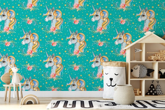 Unicorn Watercolor Wallpaper - Floral Stars, Custom Size Peel & Stick