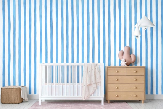 Custom Size Wallpaper - Blue Watercolor Stripes Wallpaper - Peel and Stick Wall Decal - Self Adhesive or Pre-Pasted - Removable Wallpaper