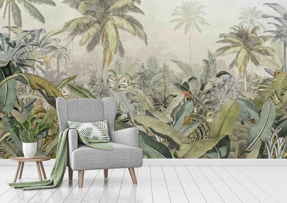 Custom Size Wallpaper - Oil Painting Tropical Forest Wallpaper  - Peel and Stick Wall Decal - Self Adhesive or Pre-Pasted