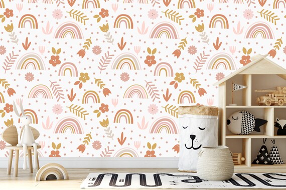 Custom Size Wallpaper - Rainbow and Flowers Wallpaper  - Peel and Stick Wall Decal - Self Adhesive or Pre-Pasted - Removable Wallpaper