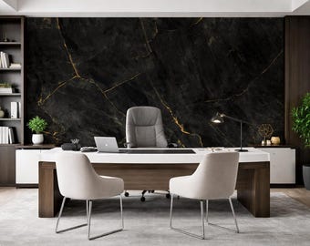 Black Gold Marble Peel and Stick Luxury Office Wallpaper – Custom Size