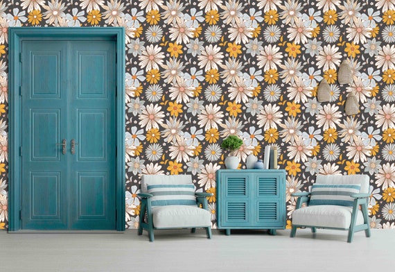 Custom Size Wallpaper - Retro Flowers Pattern Wallpaper - Peel and Stick Wall Decal - Self Adhesive or Pre-Pasted - Removable Wallpaper