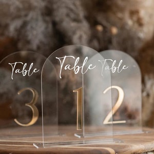 Elegant Arched Acrylic Table Numbers - Luxe Gold Acrylic Signs + Stands - Wedding Event Decor - 3D Centerpiece - Custom Colors Available