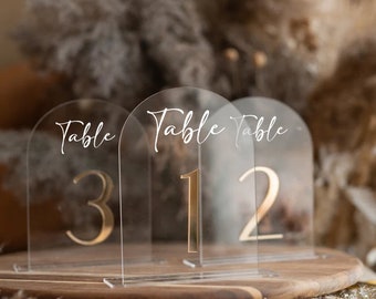 Elegant Arched Acrylic Table Numbers - Luxe Gold Acrylic Signs + Stands - Wedding Event Decor - 3D Centerpiece - Custom Colors Available