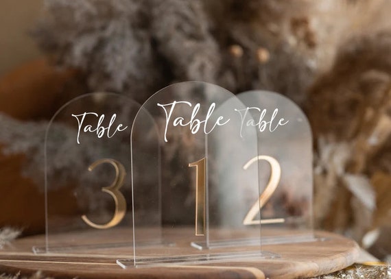 Elegant Arched Acrylic Table Numbers - Luxe Gold Acrylic Signs + Stands - Wedding Event Decor - 3D Centerpiece - Custom Colors Available