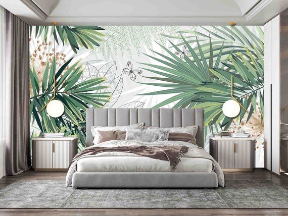 Custom Size Wallpaper - Hand Painted Tropical Plants Wallpaper - Peel and Stick Wall Decal - Self Adhesive or Pre-Pasted-Removable Wallpaper