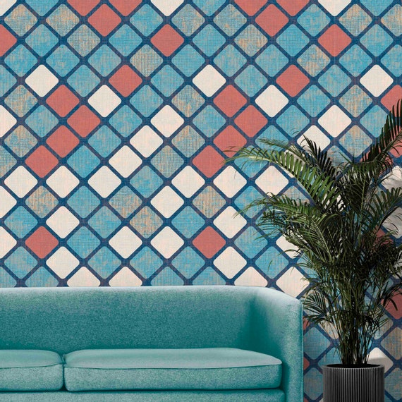 Custom Blue Wallpaper: Modern Retro Peel and Stick, Removable