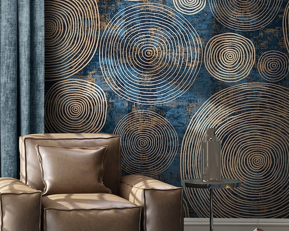 Peel and Stick Wallpaper: Modern Retro Circles with Gold Lines - Custom Size