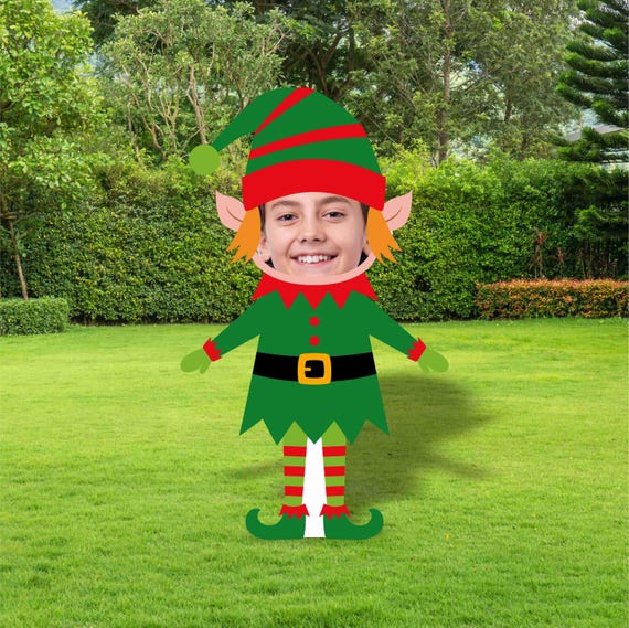 Christmas Yard Signs Decorations Outdoor Cutouts, Elf Face Christmas Decor Photo Props, Yard Lawn Garden Decor Metal Stakes