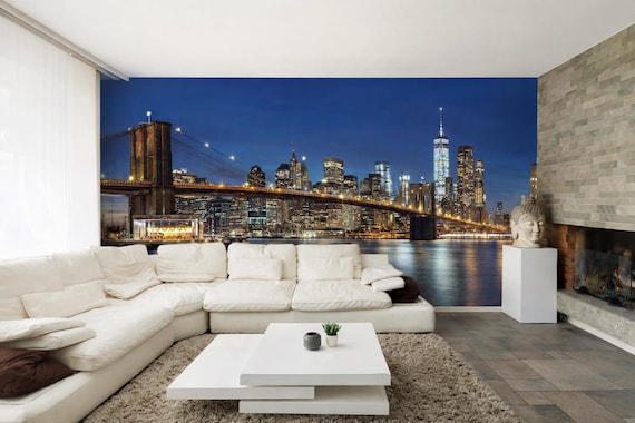 Custom Size Wallpaper - Brooklyn Bridge by Night Wallpaper- Peel and Stick Wall Decal - Self Adhesive or Pre-Pasted-Removable Wallpaper