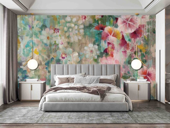 Custom Size Wallpaper - Watercolor Painting Leaf and Flowers Wallpaper - Peel and Stick Wall Decal - Self Adhesive or Pre-Pasted