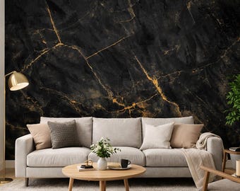 Black Gold Marble Peel and Stick Livingroom Wallpaper – Custom Size