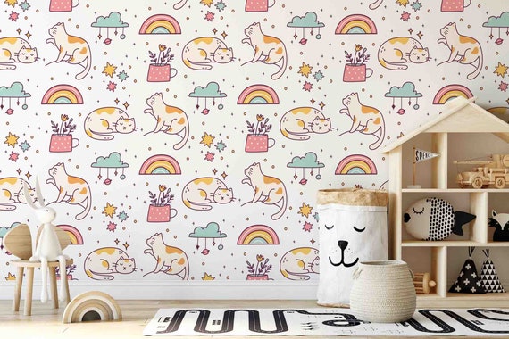 Custom Size Wallpaper - Cute Cat Pattern Wallpaper  - Peel and Stick Wall Decal - Self Adhesive or Pre-Pasted - Removable Wallpaper