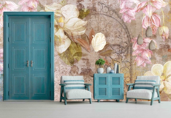 Custom Size Wallpaper - Floral Magnolia Jasmine Flowers Wallpaper - Peel and Stick Wall Decal - Self Adhesive or Pre-Pasted