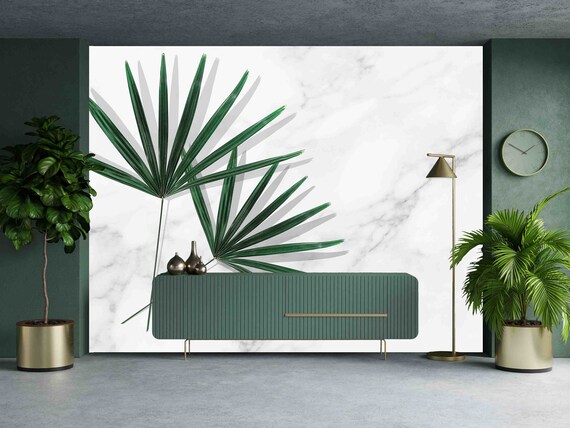 Custom Size Wallpaper - Green Tropical Leaves on White Marble Wallpaper - Peel and Stick Wall Decal - Self Adhesive or Pre-Pasted