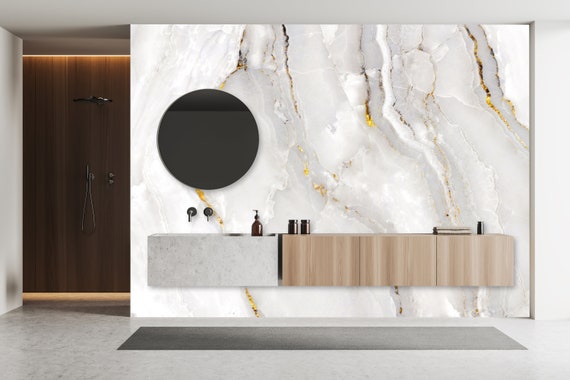 Custom Size Wallpaper - White Marble Grey Streaks Wallpaper  - Peel and Stick Wall Decal - Self Adhesive or Pre-Pasted