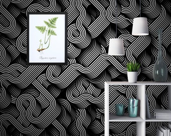 Modern Black and White Wallpaper, Lines Pattern (Custom Size, Removable)