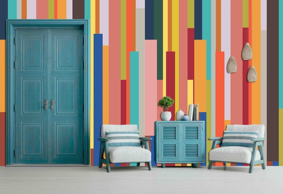 Custom Size Wallpaper - Colorful Striped Retro Wallpaper - Peel and Stick Wall Decal - Self Adhesive or Pre-Pasted - Removable Wallpaper