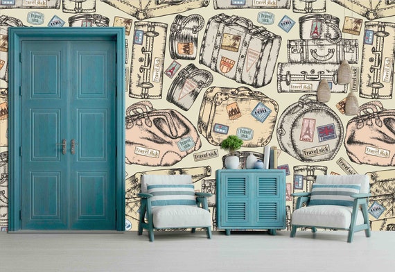 Vintage Suitcases Wallpaper: Custom Size Peel and Stick Mural