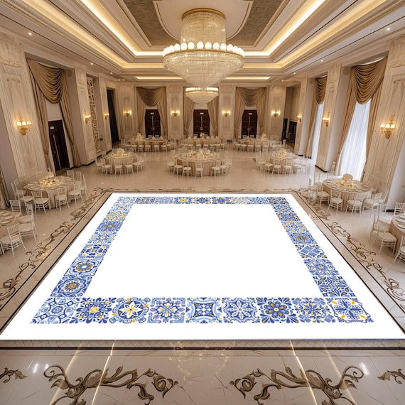 Custom Wedding Dance Floor Decal - Elegant Vinyl Floor Wrap - Blue & White Tile Design - Personalized Reception Decor