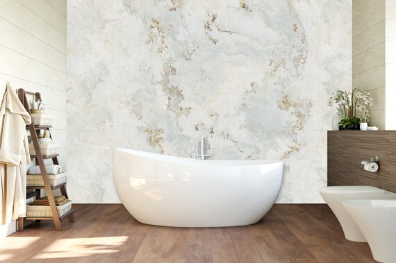 Custom Peel and Stick Wallpaper, White & Gold Abstract (Removable)