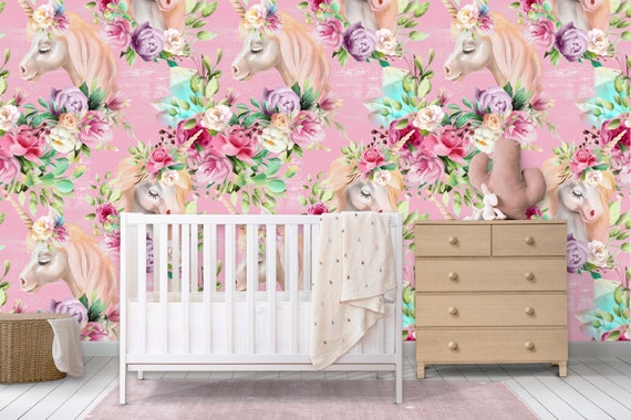 Custom Wallpaper: Flowers and Unicorns Pink Background - Peel & Stick