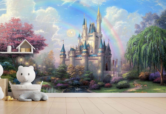Custom Size Wallpaper - Oil Painting Fairytale Rainbow Forest Castle Wallpaper - Peel and Stick Wall Decal - Self Adhesive or Pre-Pasted