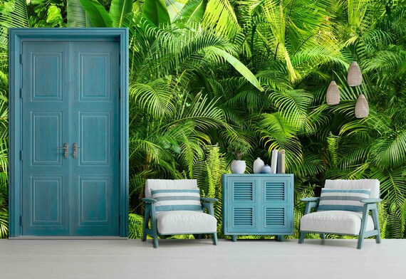 Custom Size Wallpaper - Green Jungle Leaves Palm Tropical Forest Wallpaper  - Peel and Stick Wall Decal - Self Adhesive or Pre-Pasted
