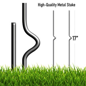 May include: Three metal stakes, one with a curved design, and two straight stakes, all in a grassy field. The straight stakes are 17 inches tall.