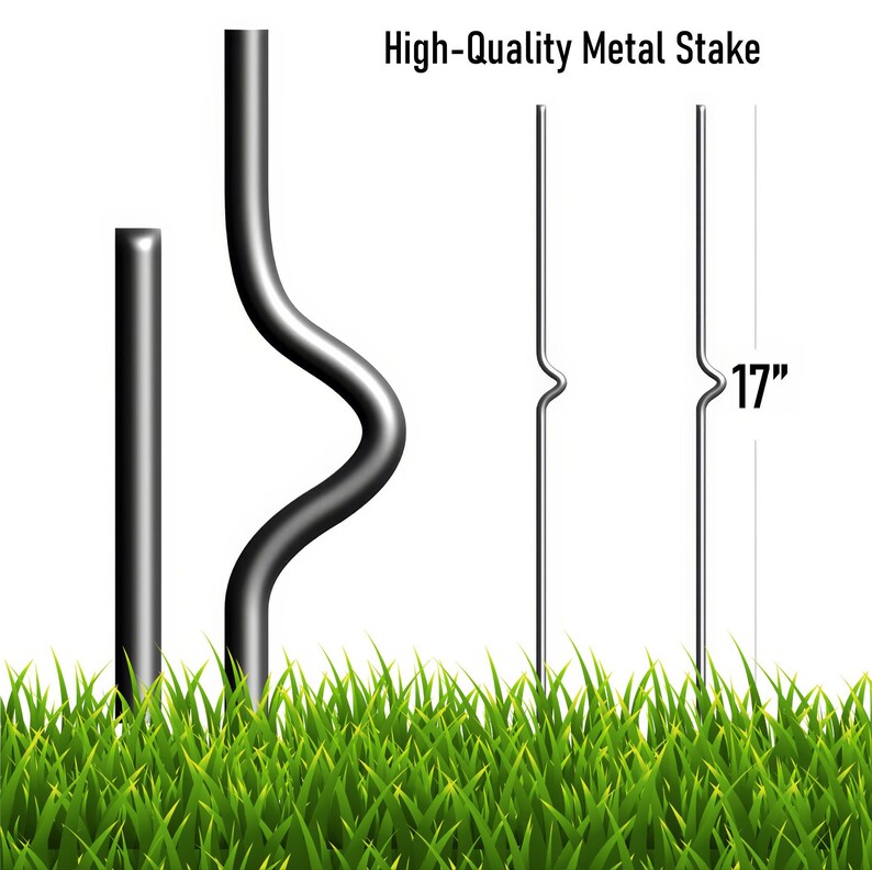 May include: Three metal stakes, one with a curved design, and two straight stakes, all in a grassy field. The straight stakes are 17 inches tall.