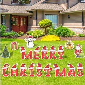 Merry Christmas Yard Signs, 18&quot; Red Santa Hat Lawn Decorations, Large Yard Greeting Sign Sets, Christmas Card Letters with Metal Stakes