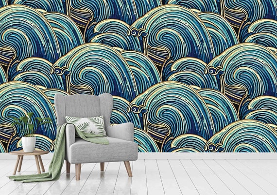 Japanese Water Wave Wallpaper, Peel and Stick (Custom Size, Removable)