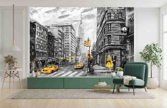 Custom Size Wallpaper - Oil Painting Street View of New York Gray Yellow Wallpaper - Peel and Stick Wall Decal - Self Adhesive or Pre-Pasted