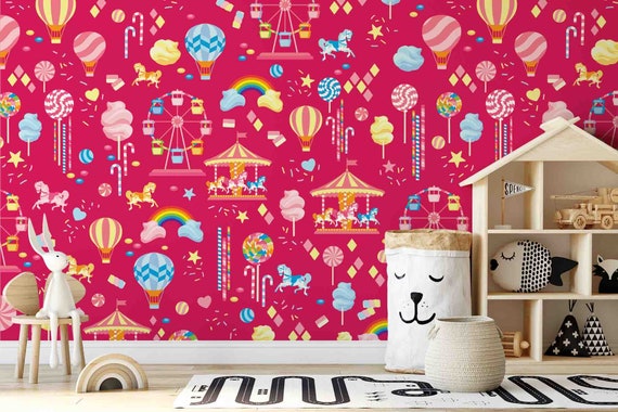 Custom Size Wallpaper - Pink Candyland and Fun Fair Pattern Wallpaper - Peel and Stick Wall Decal - Self Adhesive or Pre-Pasted