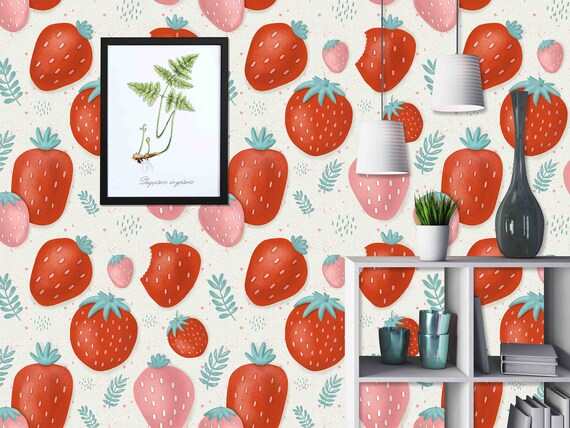 Strawberry Peel and Stick Wallpaper, Pink Red Floral (Custom Size)