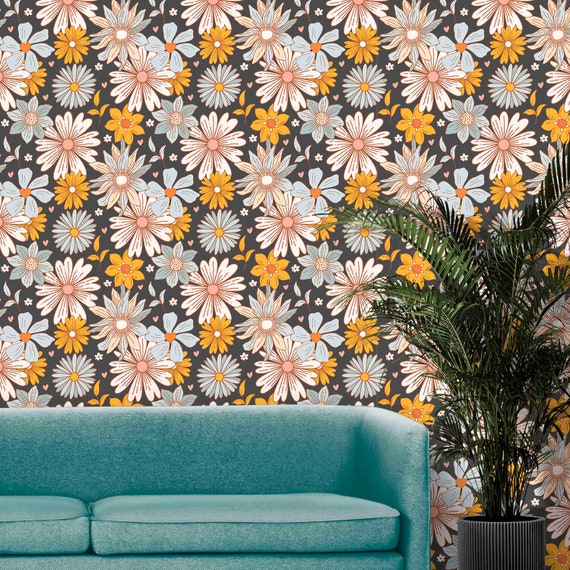 Flower Pattern Wallpaper: Retro Style (Custom Size, Peel & Stick)