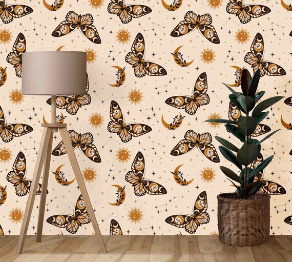 Custom Size Wallpaper - Boho Constellations Space Stars Butterflies Wallpaper - Peel and Stick Wall Decal - Self Adhesive or Pre-Pasted